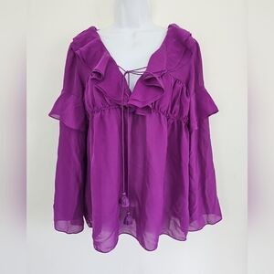 Rachel Zoe Vibrant Purple 100% Silk Ruffle Chiffon Blouse Size 10 Long Sleeve